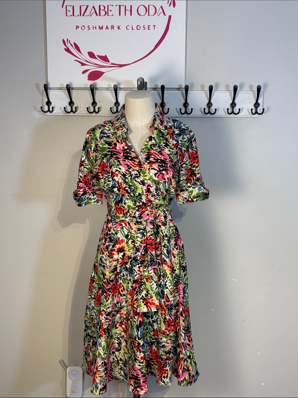 linen Floral Tie-Waist Midi Dress in Multicolor size 8